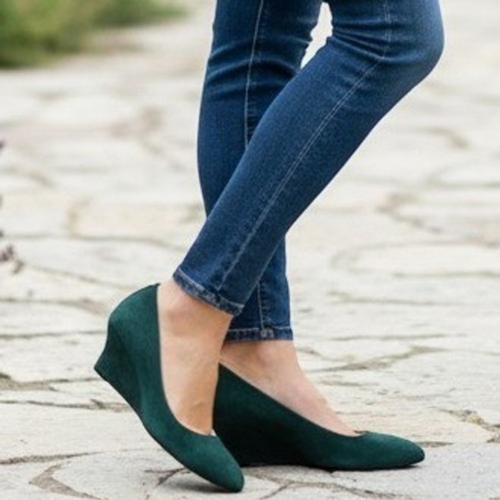 Cole Haan Tali Grand Bow Women Wedge Pump 8 Professional Dark Green Suede